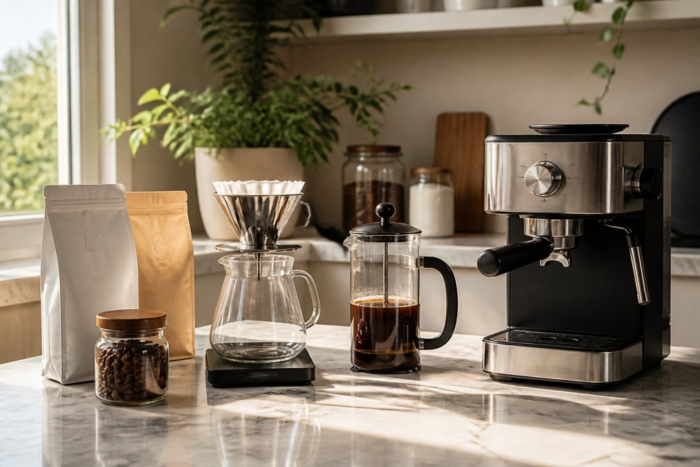 A well-lit home coffee setup displaying three distinct brewing methods, a sleek pour-over cone with filters, a classic French press, and a compact espresso machine, arranged on a marble countertop with freshly roasted whole bean and pre-ground coffee bags from Coffee Depot positioned nearby, morning sunlight streaming through a window