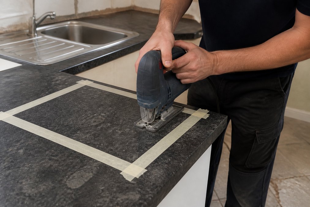 Professional demonstrating how to cut a kitchen worktop for a sink using a jigsaw with proper hand positioning and grip, showing the blade cutting through laminate with masking tape applied