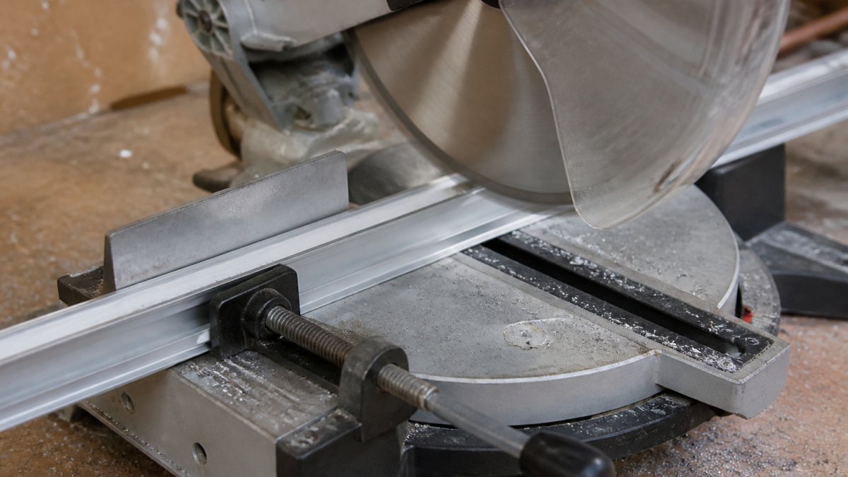 Mitre saw cutting an aluminium profile secured by a clamp on a workbench covered in metal shavings