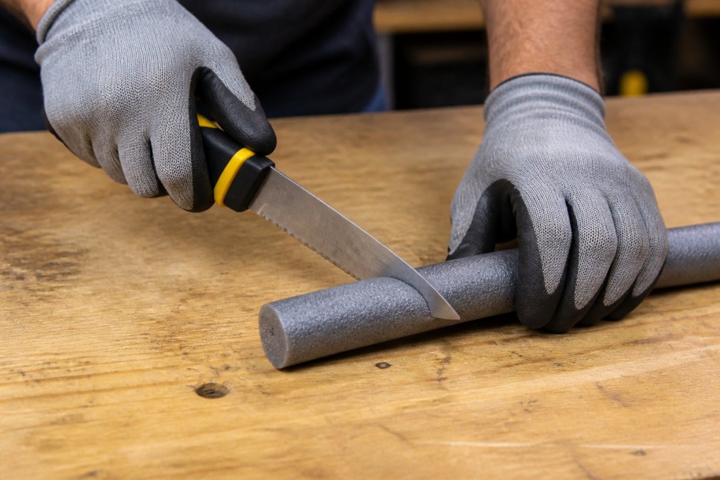 Hands wearing work gloves using a serrated blade to cut closed-cell foam backer rod on a wooden work surface, showing proper 45-degree angle technique with natural workshop lighting