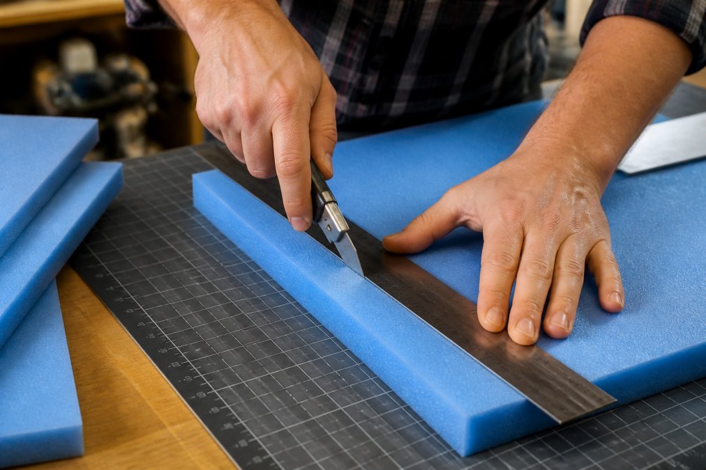Close-up of hands using a sharp utility knife guided by a metal straight edge to slice through a sheet of blue polyethylene foam on a cutting mat in a well-lit workshop