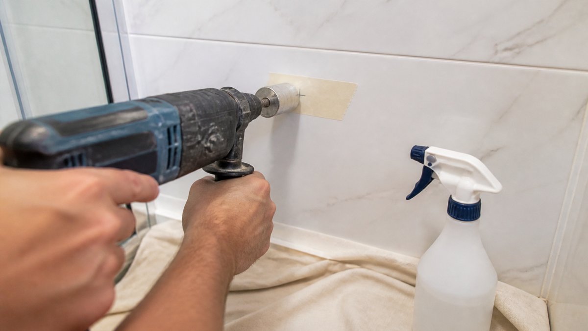 Person using a power drill with a diamond hole saw on a taped tile to prevent cracking during installation