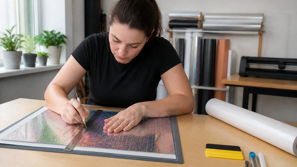 Professional demonstrating how to cut holographic vinyl cleanly technique in modern clinical setting with natural lighting