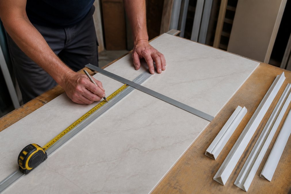 Hands using a tape measure and t-square to mark cutting lines on a PVC wall panel laid flat on a wooden workbench with natural workshop lighting