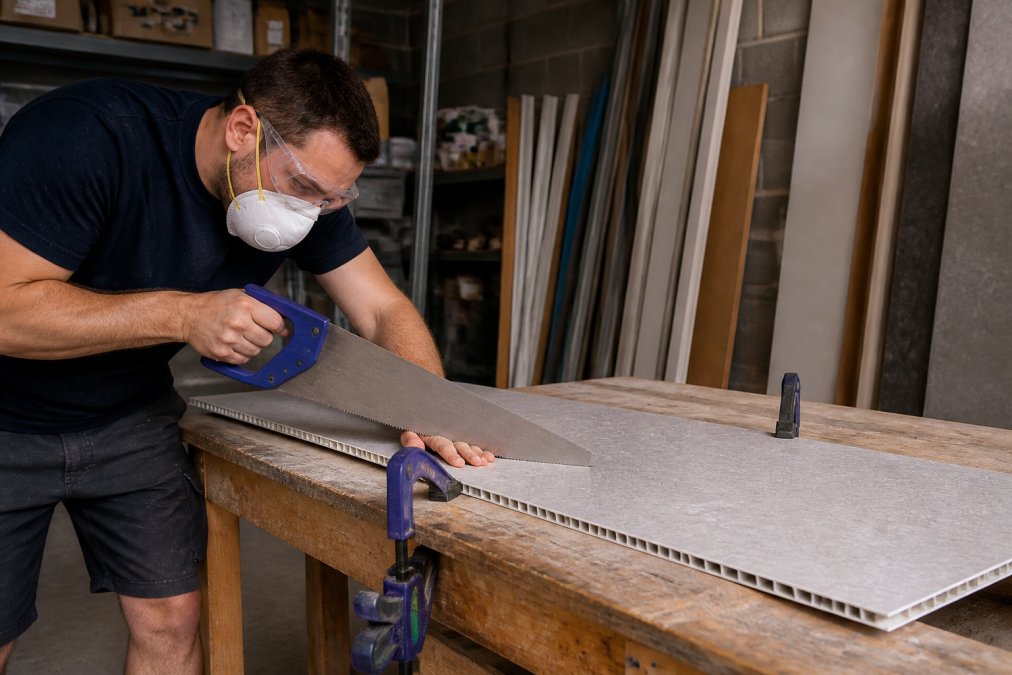 A homeowner wearing safety goggles and a dust mask using a fine-tooth handsaw to cut a PVC wall panel clamped securely to a stable wooden workbench with workshop lighting