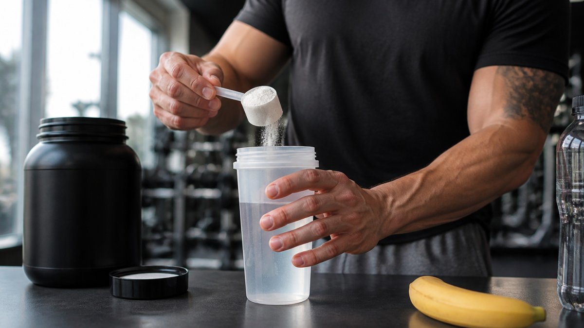 Muscular athlete in modern gym setting measuring creatine powder into a shaker bottle with water and a banana nearby, demonstrating proper supplementation preparation with natural gym lighting
