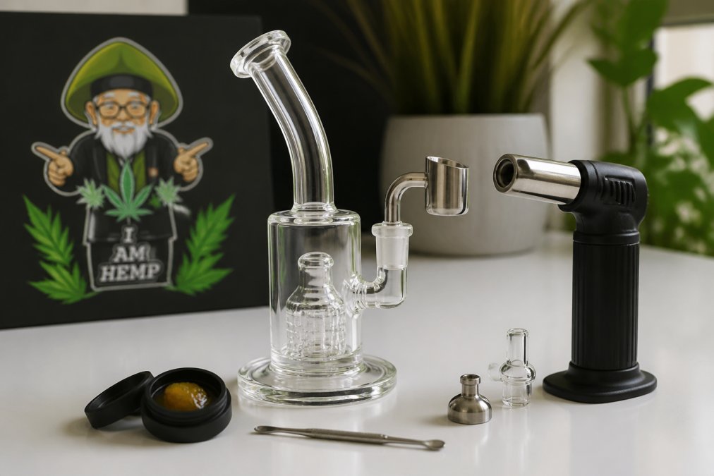 Flat lay of complete dab rig setup with glass water chamber, titanium banger, carb cap, dab tool, butane torch, and container of live resin badder on clean white surface with natural lighting