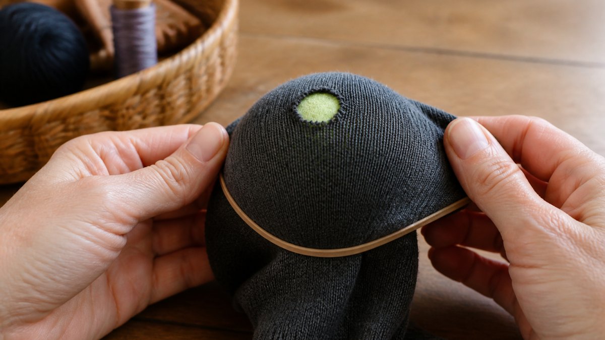 Close-up of hands positioning a sock over a tennis ball with a rubber band securing it, showing the hole stretched taut and centered in good natural lighting