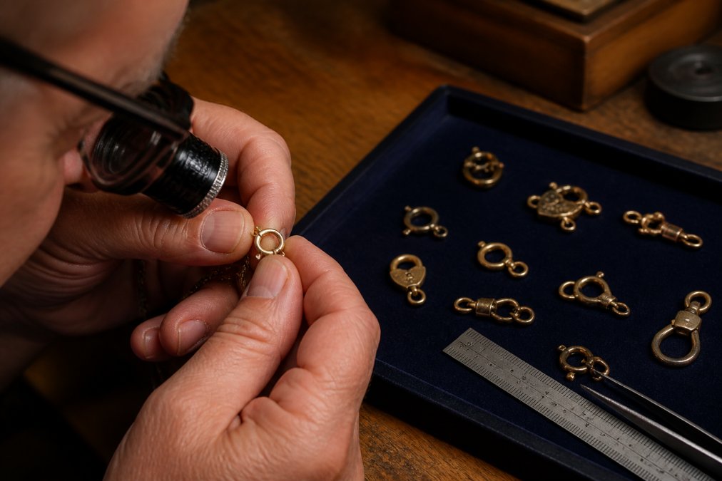 Jeweller using a loupe to inspect an antique jewellery clasp on a gold necklace with various clasps on a tray