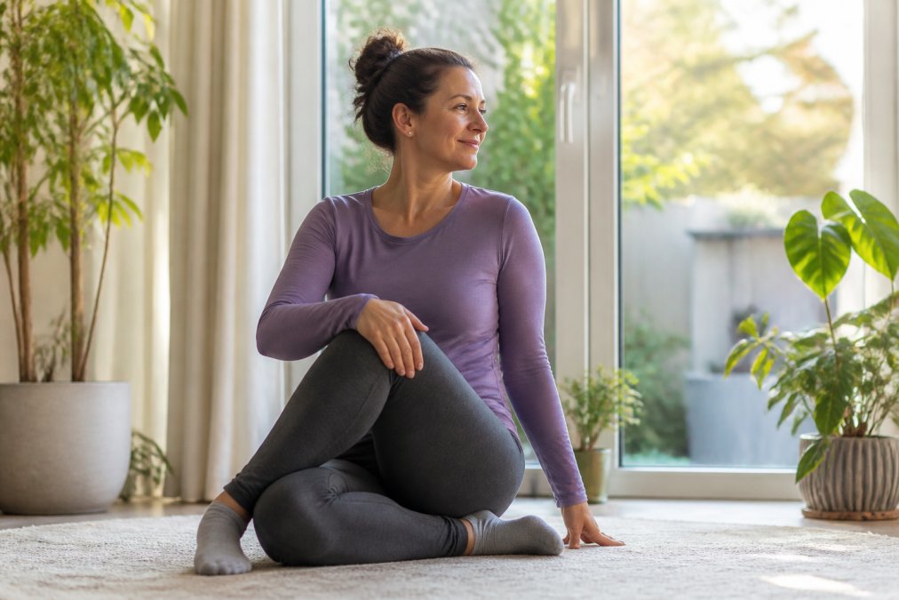 Woman in comfortable workout clothes performing gentle stretching in a bright, sunlit home with large windows, plants visible in the background, peaceful expression on her face