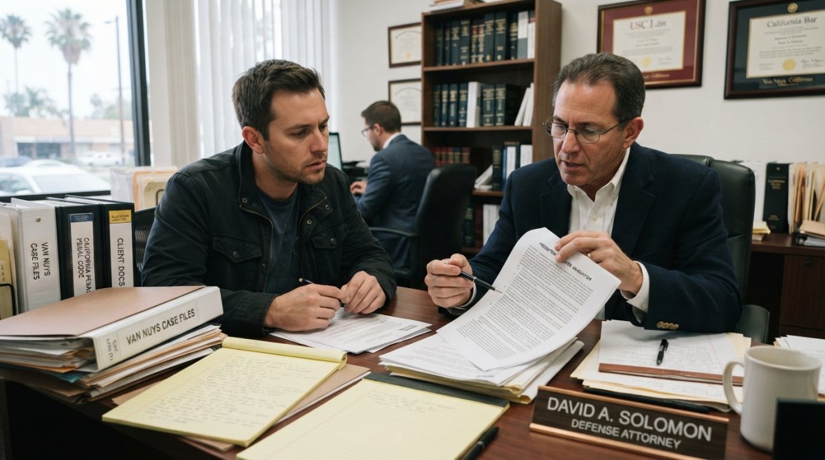Criminal defense attorney meeting with client in professional office setting, reviewing probation documents and case files on desk with natural lighting from windows