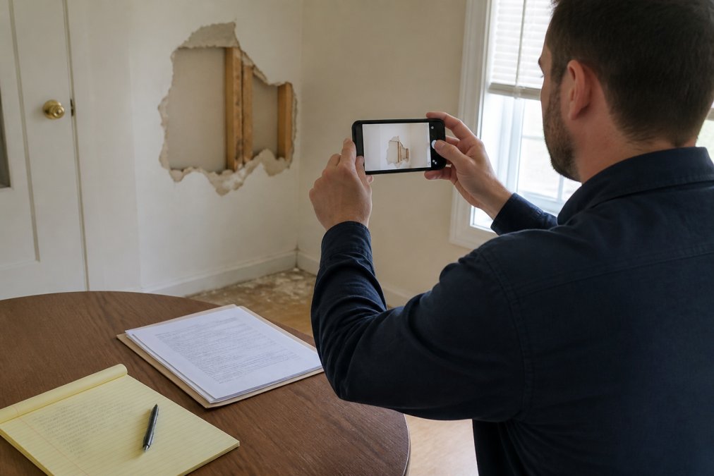 Landlord photographing property damage with smartphone, with a notepad and dated document visible on a table, natural window lighting in background