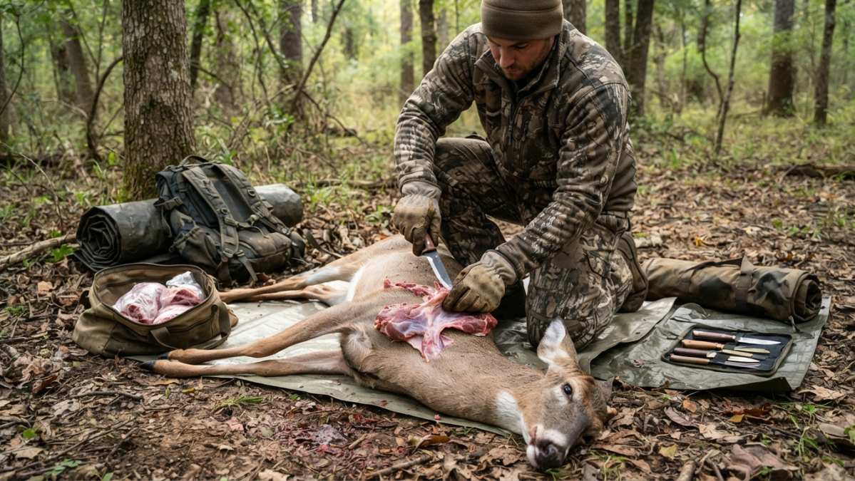 A hunter kneeling beside a field-dressed deer carcass, using a fixed-blade skinning knife to separate the front shoulder, with game bags and a backpack visible nearby in a wooded setting