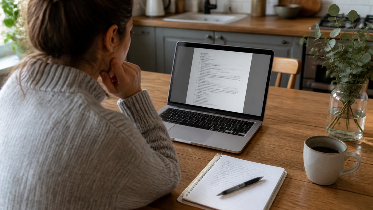 Job seeker reviewing their document to improve their ATS CV review score at a kitchen table with a notepad.