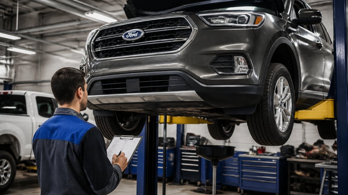 Mechanic inspects the undercarriage of a used car on a lift using a detailed checklist in a service bay.
