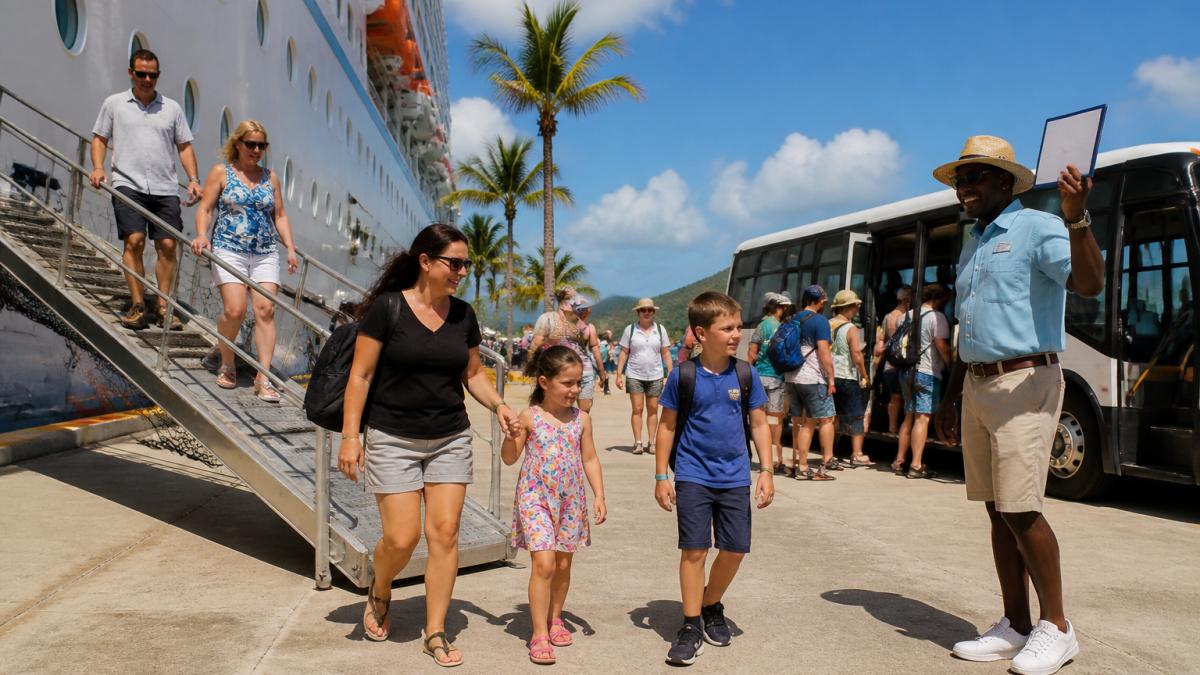 Family stepping off a cruise ship to meet a guide for their cruise line excursions in the Caribbean