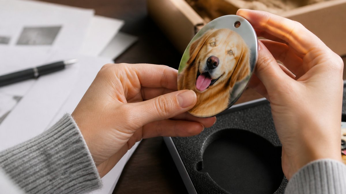 Hands inspecting the glossy finish and edges of a custom-printed metal pet photo ornament under warm light