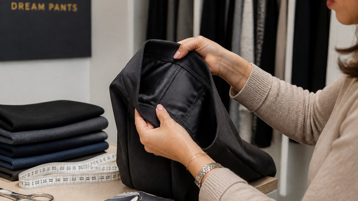 Close-up of a woman's hands examining the inside seam and stitching of a pair of dark dress pants in a bright fitting room