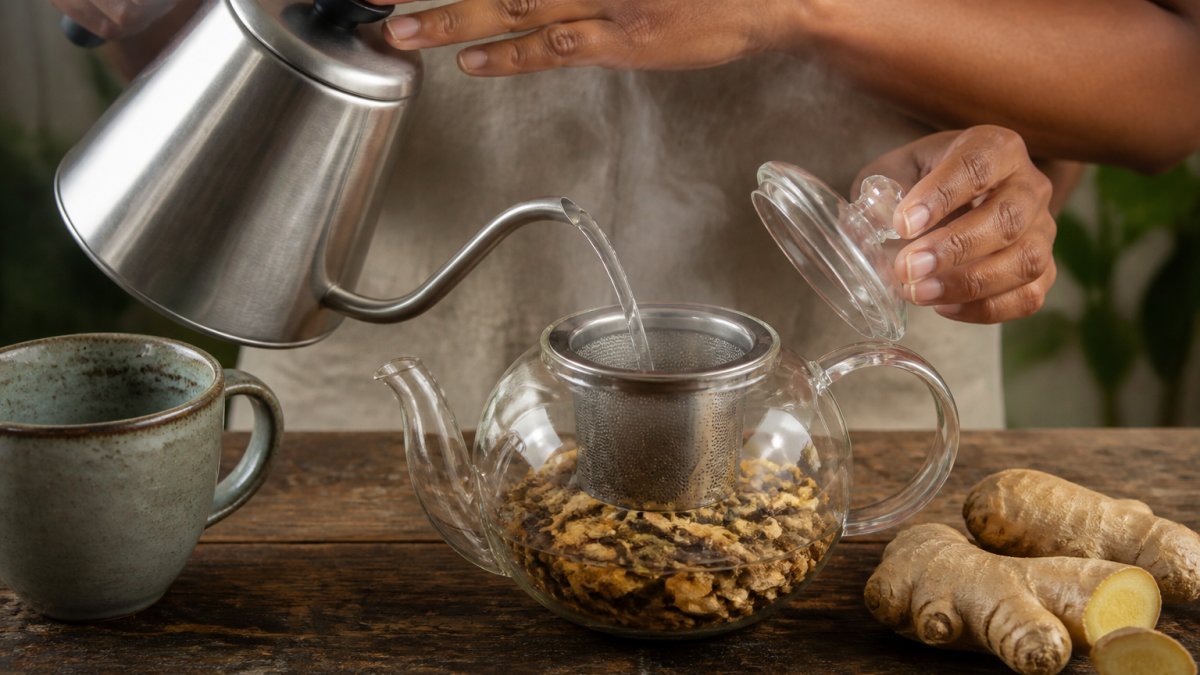 Step-by-step process of pouring hot water over loose ginger leaves into a glass teapot with a strainer