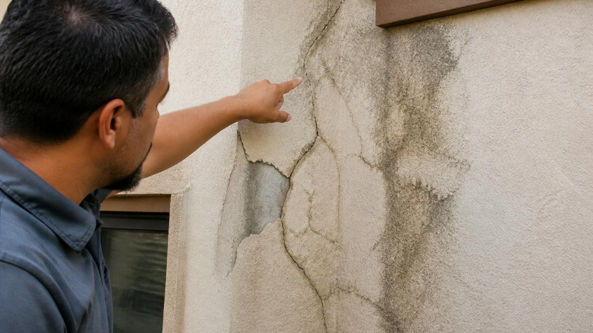 Professional contractor's hand pointing to visible cracks and water damage on stucco wall in natural daylight, showing deterioration patterns