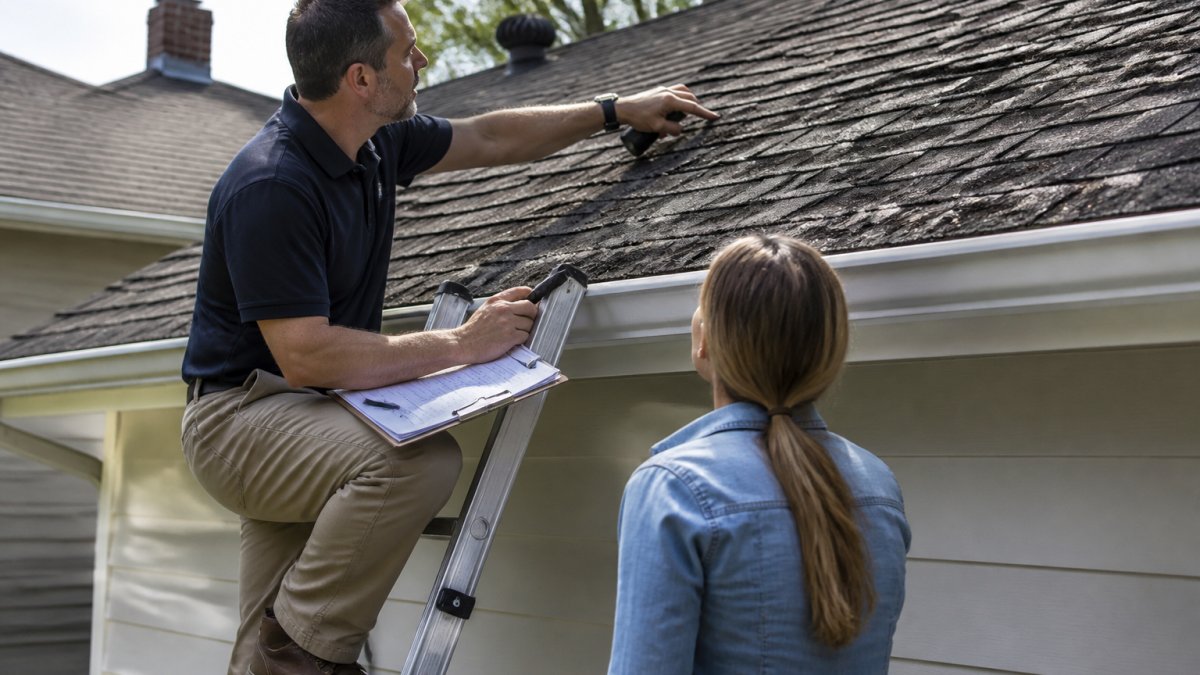 Home inspector and homeowner examining aged shingles for an old roof solar installation on a sunny day