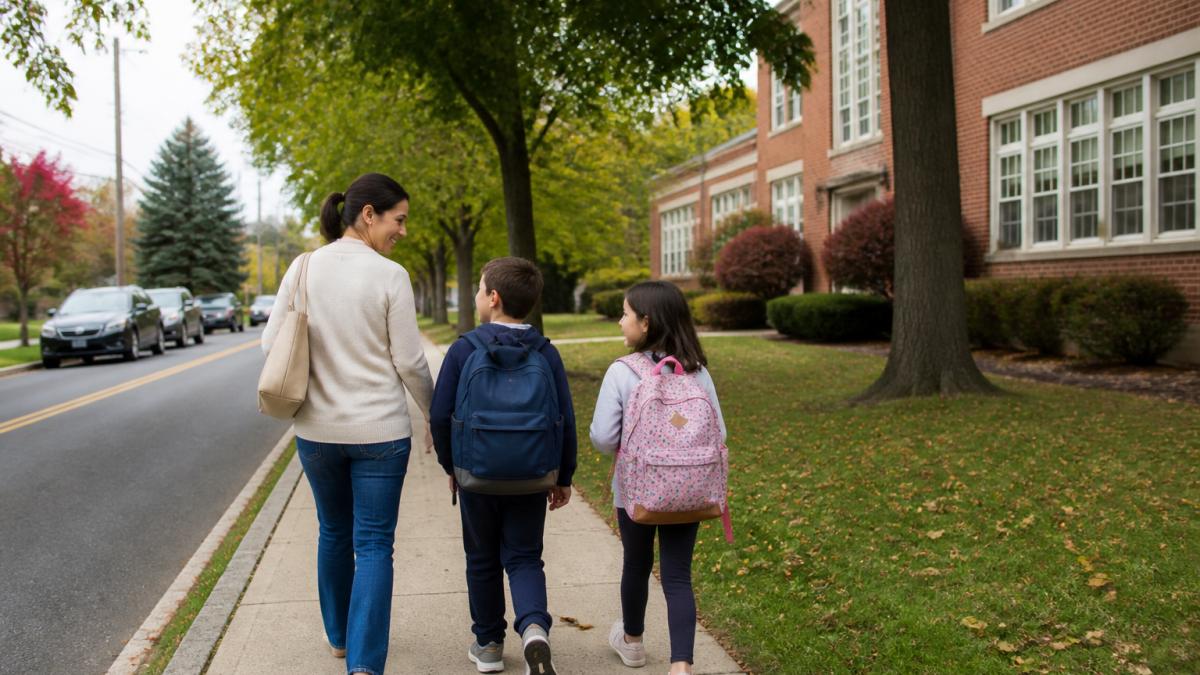 A family with two school-age children walking past a brick suburban elementary school building on a tree-lined street, backpacks on, morning light