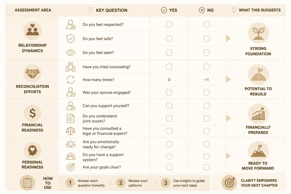 Decision-making matrix comparing key assessment areas with yes/no columns: relationship dynamics (do you feel respected, do you feel safe, do you feel seen), reconciliation efforts (have you tried counseling, how many times, was spouse engaged), financial readiness (can you support yourself, do you understand joint assets, have you consulted a lawyer), children's needs (how would custody work, what's the emotional impact, what support will they need), emotional toll (are you depressed, are you functioning, what's your mental health status), personal growth (who do you want to become, what's holding you back, what would freedom look like)