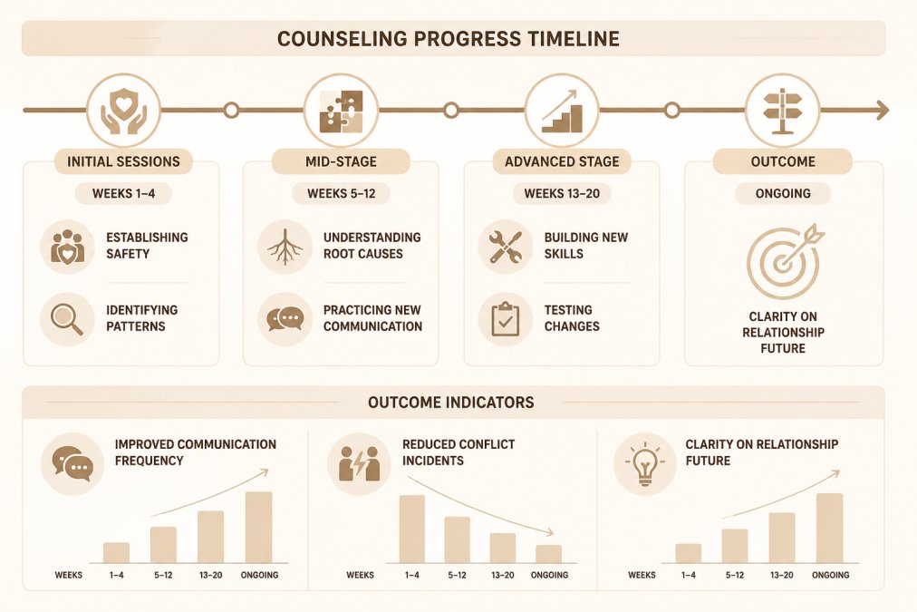 Timeline showing typical counseling progress markers with specific timeframes: initial sessions weeks 1-4 (establishing safety, identifying patterns), mid-stage weeks 5-12 (understanding root causes, practicing new communication), advanced stage weeks 13-20 (building new skills, testing changes), outcome indicators (improved communication frequency, reduced conflict incidents, clarity on relationship future)