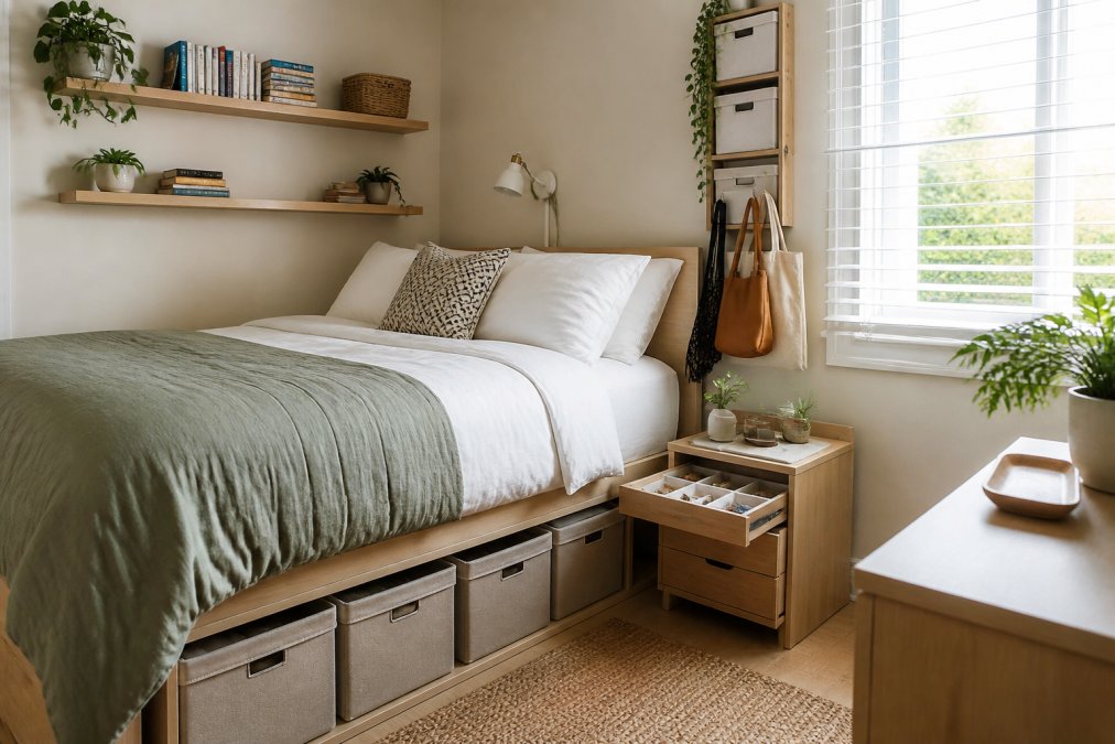 Neatly organized small bedroom featuring under-bed storage boxes, wall-mounted floating shelves displaying books and plants, a compact bedside table with drawer dividers, and vertical storage solutions maximizing a compact space with natural morning light