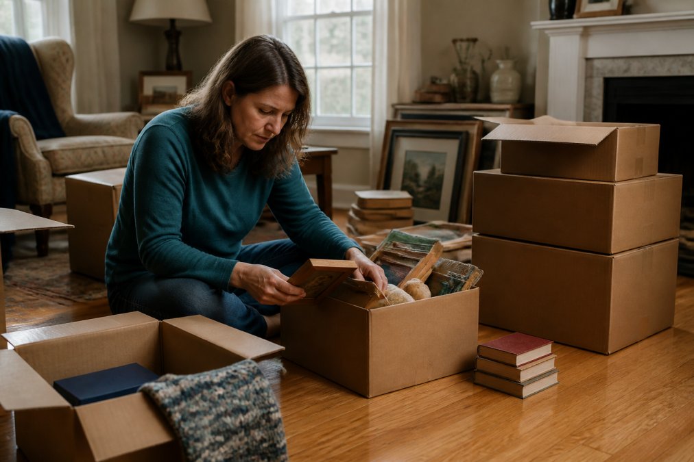 Adult child carefully sorting through boxes of personal belongings in a warmly lit living room, with labeled cardboard boxes marked 'Keep', 'Donate', and 'Toss' stacked nearby on a hardwood floor