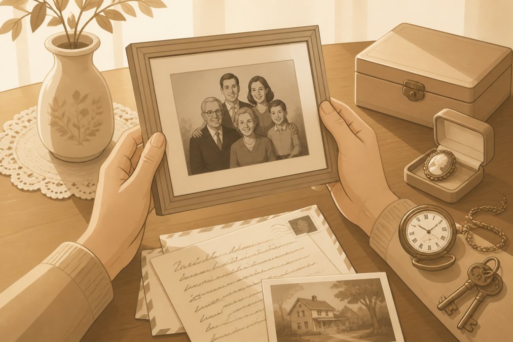 Close-up of a person's hands gently holding a framed black-and-white family photograph, surrounded by small heirlooms including a pocket watch and handwritten letters arranged on a wooden dining table in warm afternoon light