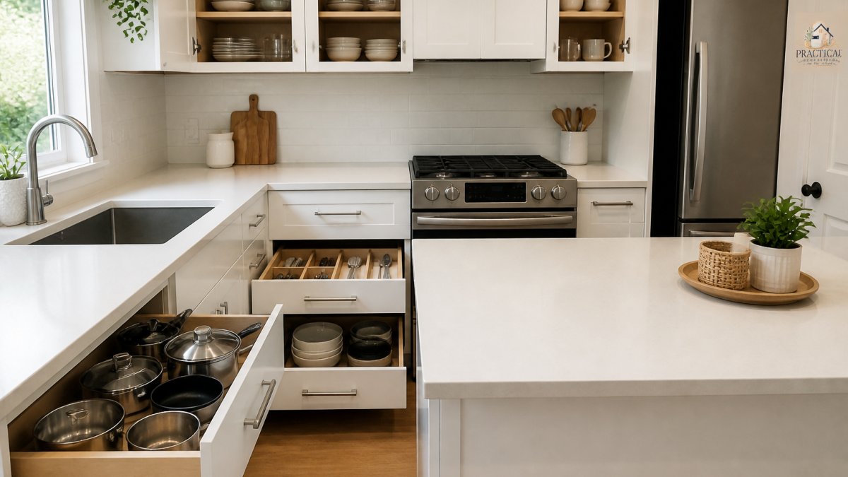 Diagram showing how to organize kitchen zones and group items by category to declutter space.