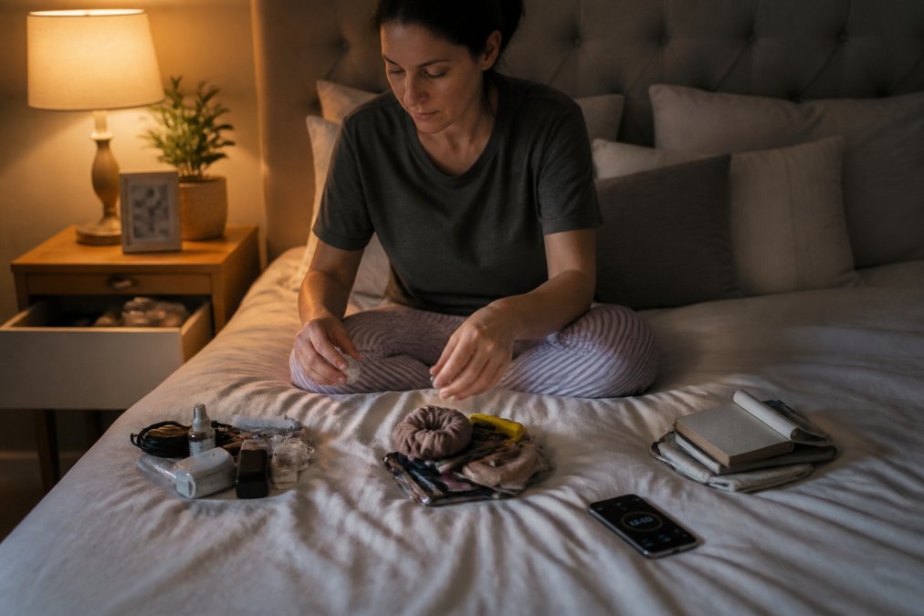 A person sitting on the edge of a bed sorting items from a small nightstand desk into three distinct piles on the duvet, with a smartphone timer visibly counting down on the mattress beside them, soft evening lamplight illuminating the scene