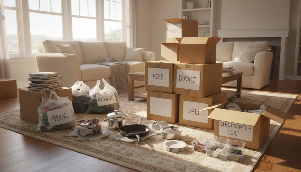 Bright, organized living room with sorted piles of items in labeled boxes and bags showing the decluttering process in action with household goods organized by category