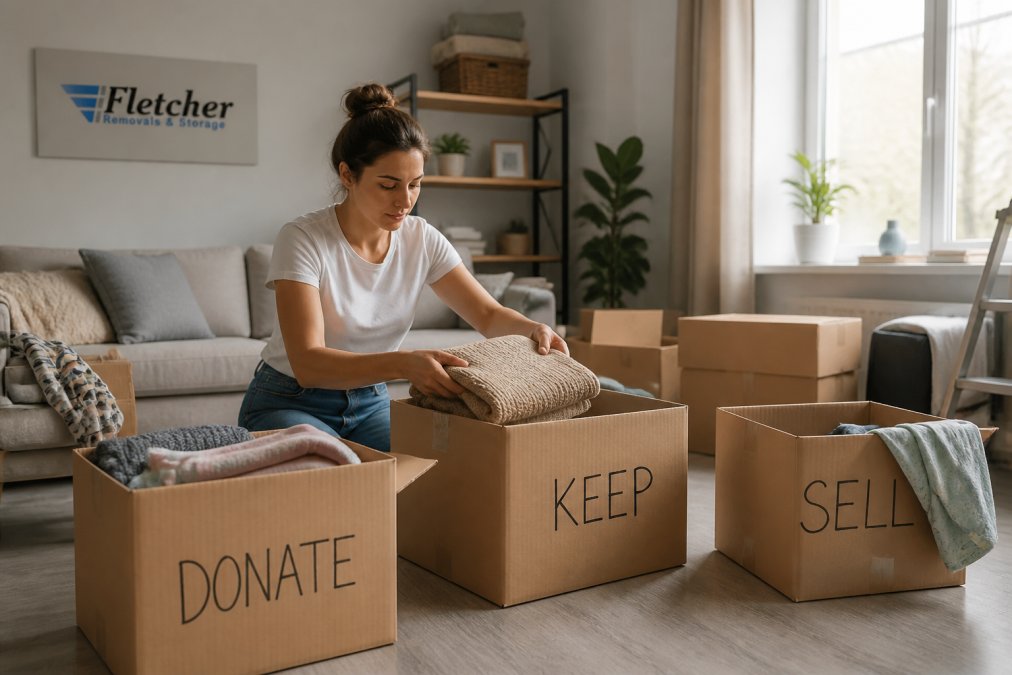 Person sorting household items into labelled cardboard boxes in a bright living room with furniture and belongings visible in the background