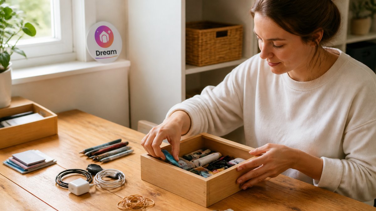 Person sorting items from a small desk drawer into organized piles on a wooden surface by a window