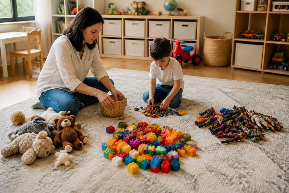 Bright playroom with toys sorted into distinct piles on the floor, action figures grouped together, building blocks in one area, stuffed animals in another, with a parent and child organizing items into categories