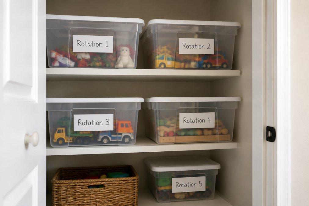 Clear labeled storage bins on shelves in a closet or storage area, with toys visible through transparent containers, showing an organized rotation system with handwritten labels