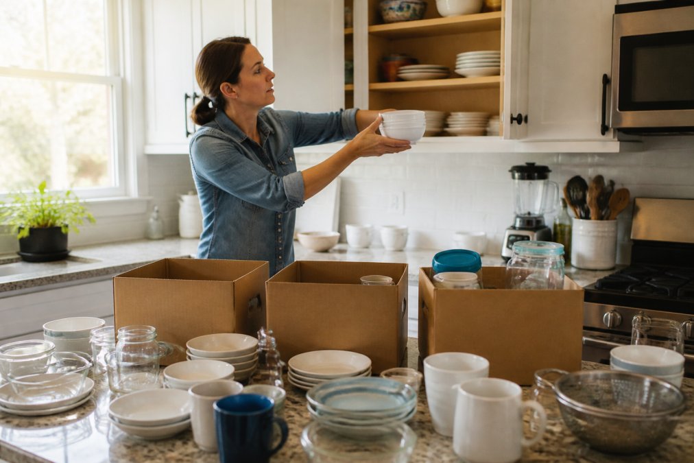 A person emptying a kitchen cabinet onto a countertop, with items sorted into three cardboard boxes labeled Keep, Donate, and Discard, in a bright home kitchen with natural window light
