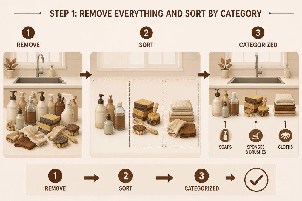 Kitchen counter with cleaning supplies, sponges, and dish soap organized into separate piles by category, soaps in one group, sponges and brushes in another, cloths in a third, showing the sorting process in natural kitchen lighting