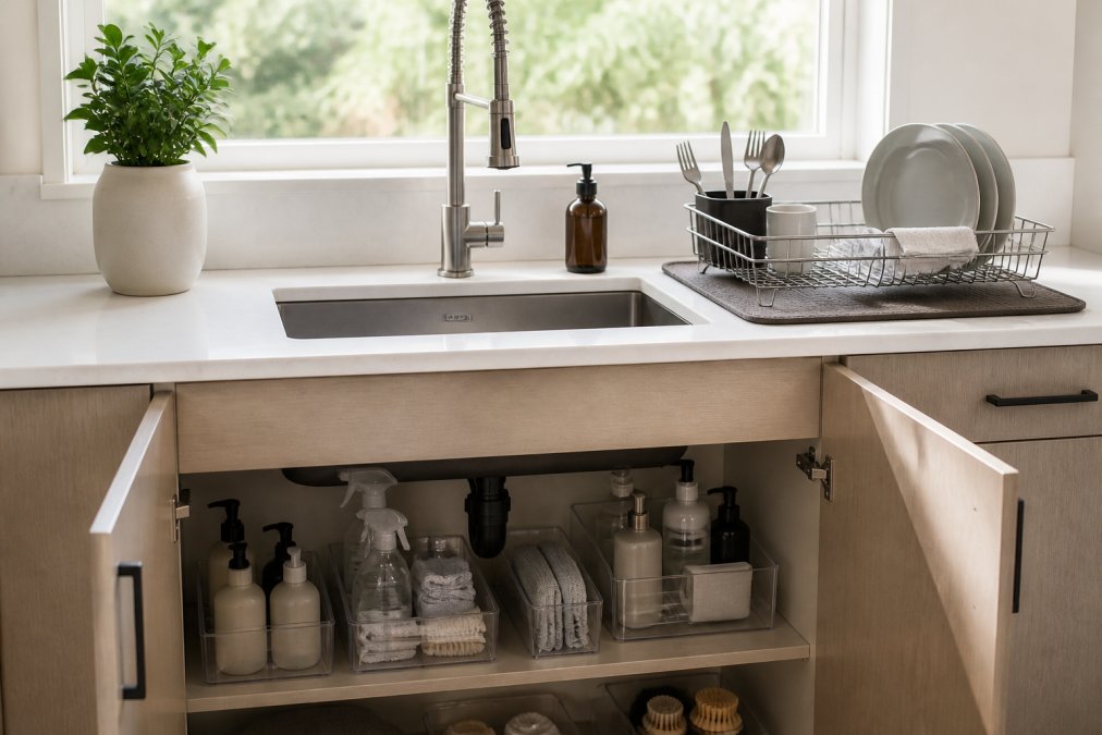 Clean, minimalist kitchen sink area with organized drying rack, visible under-sink cabinet with clear labeled containers, and a sleek splash mat protecting the countertop under natural window lighting