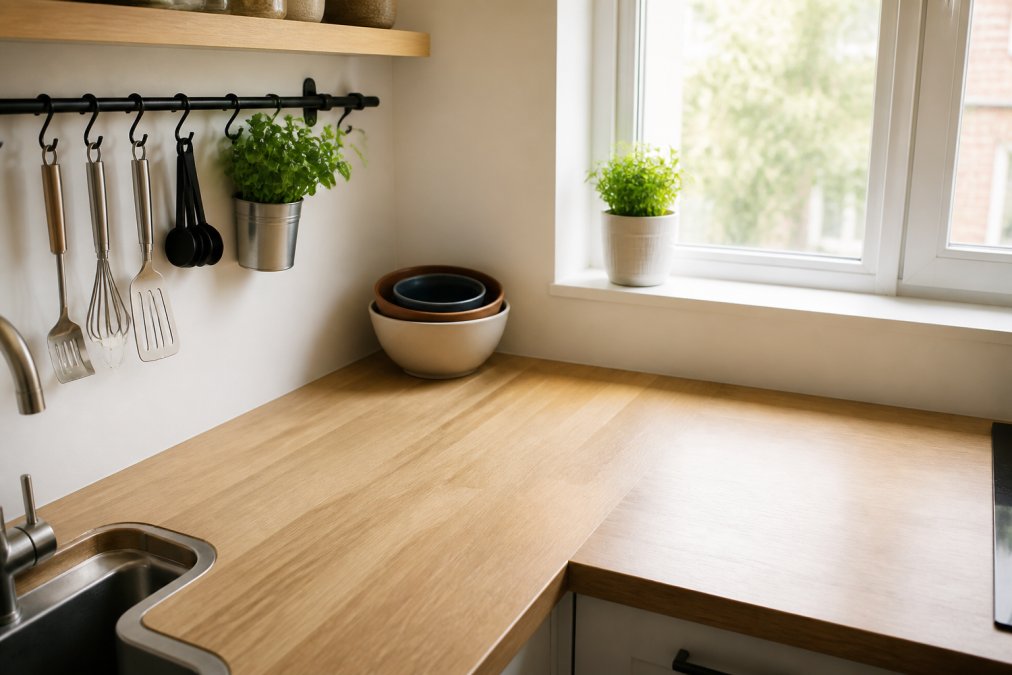 A small galley kitchen worktop with a wall-mounted rail holding utensils, a stack of nesting bowls tucked into the corner and clear worktop space in front of a window