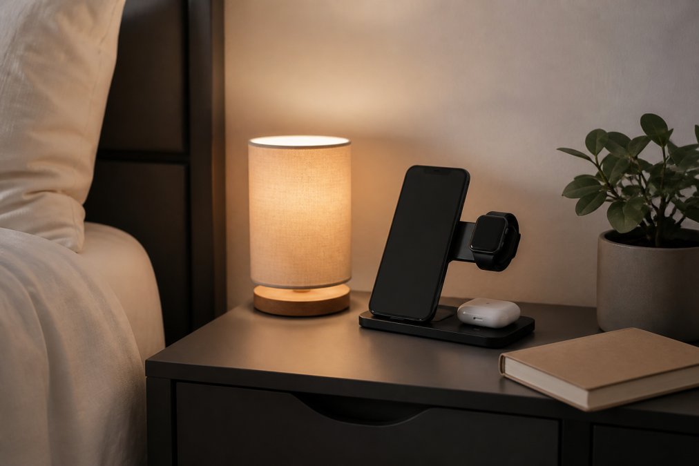 Tidy nightstand featuring a 3-in-1 wireless charger to declutter with smart gadgets by hiding messy charging cables.