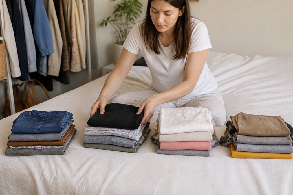 Person sorting folded clothing into four distinct piles on a bed in natural light, showing keep, donate, sell, and discard categories clearly separated