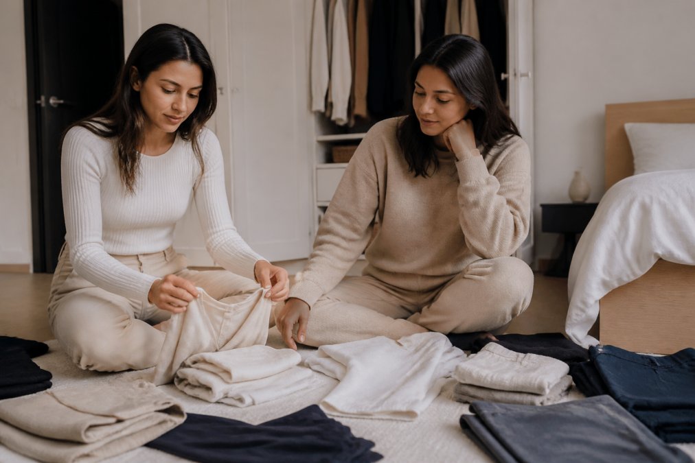 Flat lay of versatile, neutral-toned essentials including premium cotton t-shirts, neutral trousers, and timeless basics arranged neatly on a light background