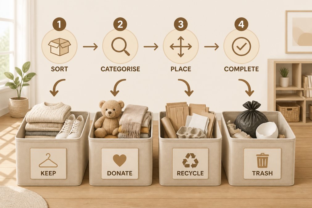 Four labelled storage boxes or containers arranged on a wooden floor in a bright room with natural light, showing various items being sorted into each container during the decluttering process