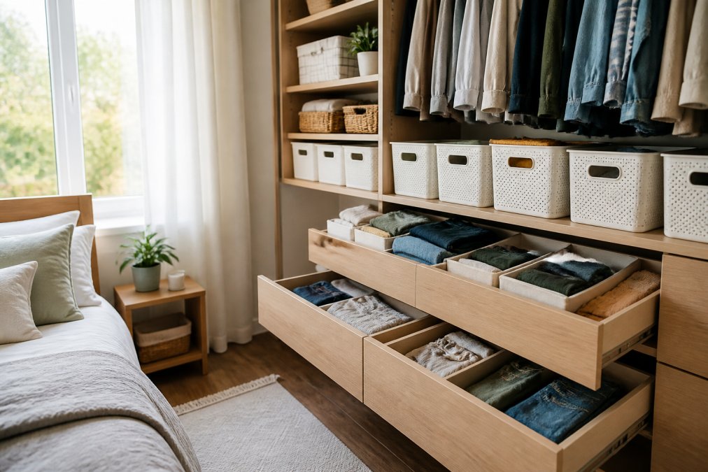 A bright, well-organised bedroom with neatly arranged storage containers on shelves, decluttered surfaces with minimal items, and organised drawers showing the result of successful decluttering and organisation