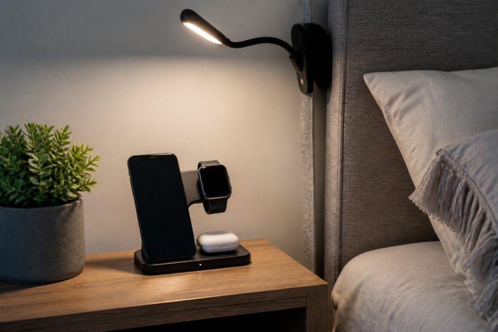 A neatly organized nightstand with a compact 3-in-1 wireless charging station, iPhone and Apple Watch charging simultaneously, minimal cables visible, soft bedroom lighting from a clip-on reading light