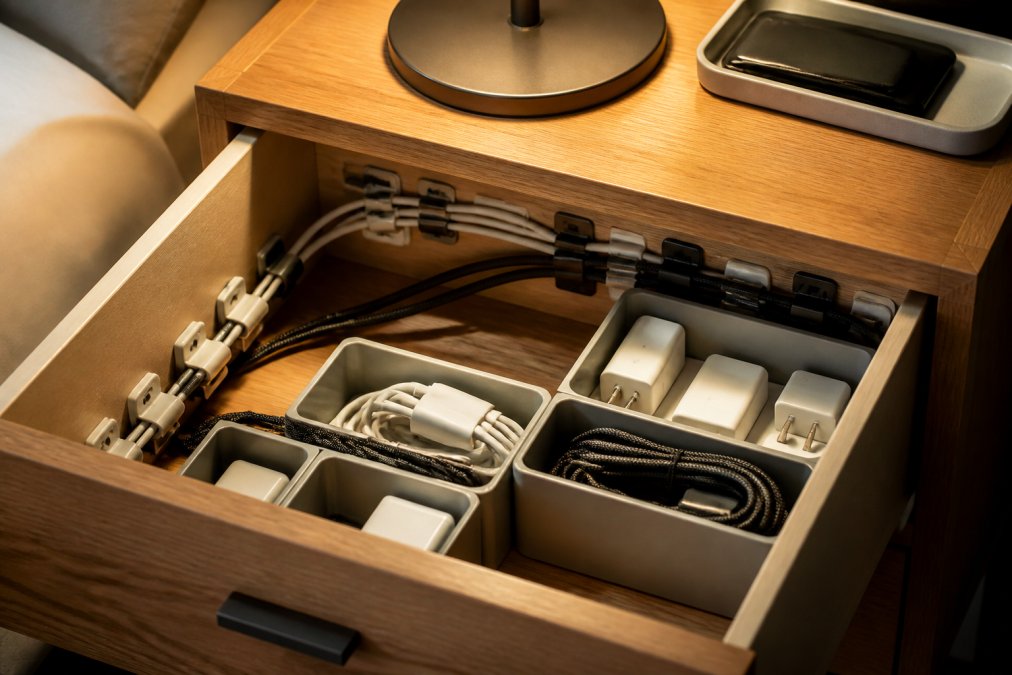 Close-up of a nightstand drawer with organized cable management using clips and sleeves, charging cables neatly routed, small bins holding USB adapters and chargers, warm overhead lighting