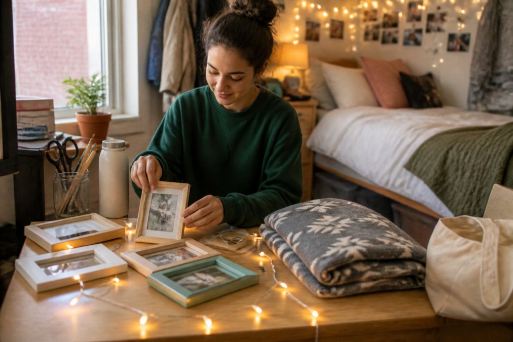 A college student arranging thrifted picture frames, string lights and a folded graphic blanket on a small dorm desk, with a cozy bed and fairy lights in the background